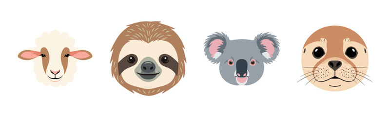 Naklejka premium Cartoon animal faces: sheep, sloth, koala, seal illustrations