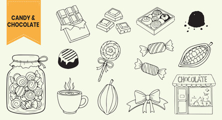 Hand Drawn Candy and Chocolate Treats Set | Vector Doodle Collection of Lollipop, Cocoa Beans, Hot Chocolate Cup, and Sweet Shop Line Art Icons.