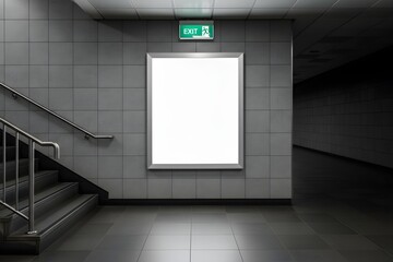 A blank advertisement billboard is mounted on a tiled wall next to a staircase in a dimly lit subway station.