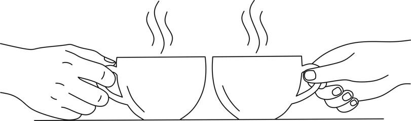 Coffee cups shared conversation. Line art friendship moment