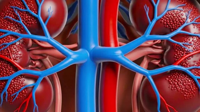 Detailed anatomical view of two kidneys with blue veins and red arteries in close up view