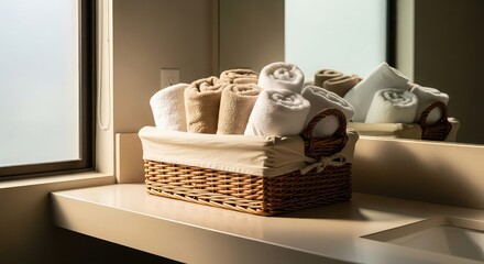 Rolled towels in a wicker basket on a bathroom counter in warm lighting