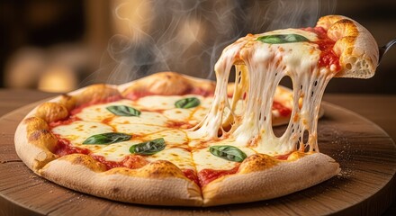 Hot margherita pizza with melting cheese being lifted from a wooden board