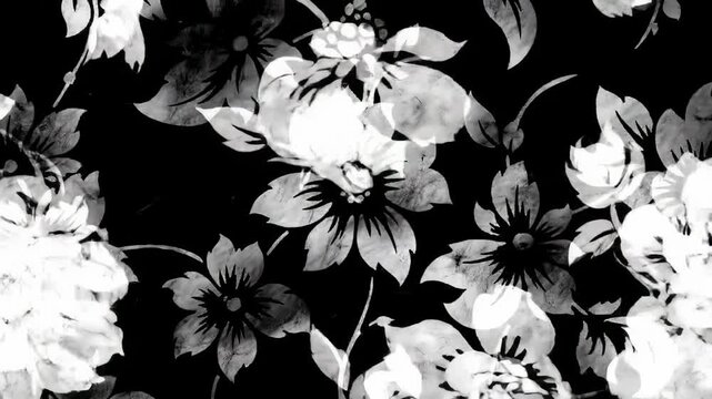 Black backdrop with white floral pattern with overlapping soft white, creating a complex and organic visual texture
