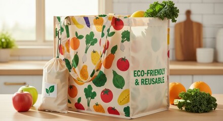 Eco-Friendly Shopping: A vibrant, eco-friendly shopping bag brimming with fresh produce and a smaller reusable bag, illustrating the concept of sustainable living and mindful consumption.