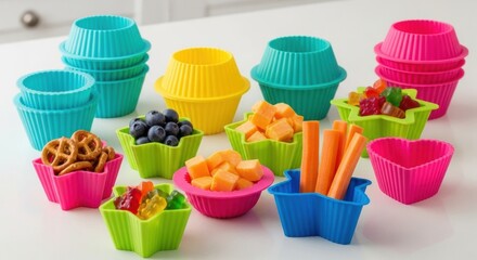 Colorful Cupcake Molds with Snacks: An array of vibrant silicone cupcake molds each filled with a tempting assortment of delicious snacks, perfect for portion control and creative food presentation.