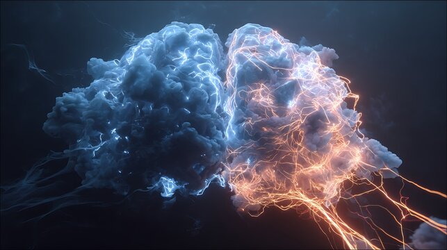 abstract brain made of dark smoke and glowing wires, two opposing forces clashing within, symbolizing unseen mental illness, cinematic lighting, v7 