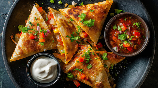 crispy mini quesadilla triangles stuffed with colorful veggies, cheese melting at edges, served with salsa and sour cream