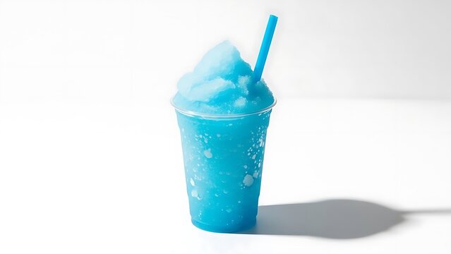 Bright blue slushie drink with straw isolated on white background