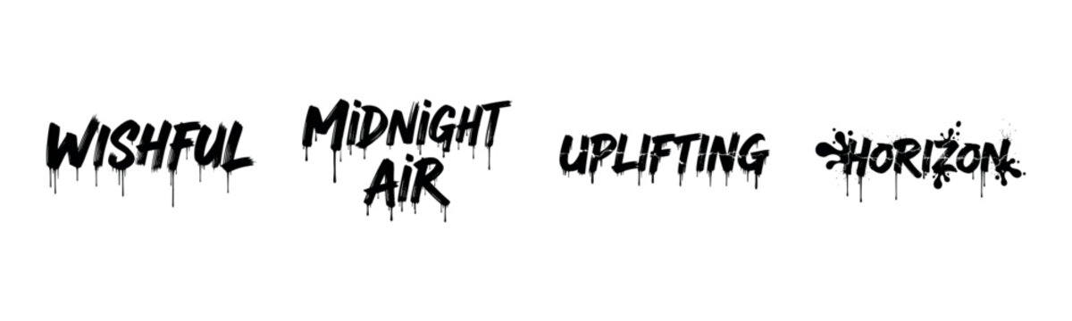 Graffiti text art with words "wishful," "midnight," "air," "uplifting," and "horizon