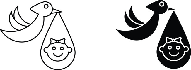 stork with baby icon vector graphic illustration with white background flat hand made icon fill icon .