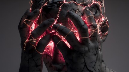 hands gripping intangible glowing threads inside a cracked head sculpture, representing internal conflict, high contrast lighting, surreal concept art, v7 