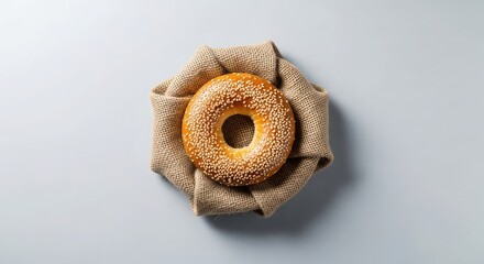Top view of a sesame bagel on a burlap cloth against a gray background