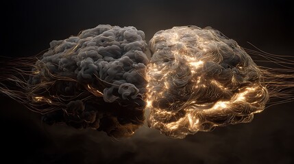 abstract brain made of dark smoke and glowing wires, two opposing forces clashing within, symbolizing unseen mental illness, cinematic lighting, v7 