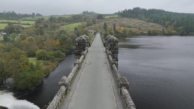 Autumn over Llyn Brianne Dam and Reservoir from a drone, Lake Vyrnwy, Powys, Wales, UK
