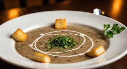 Creamy mushroom soup with croutons and parsley garnish in a white bowl