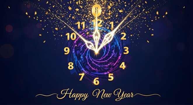 Happy new year clock, golden confetti burst.