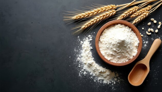 White wheat flour in brown bowl, wooden spoon. Dry wheat grain ears lie nearby. Flour scattered on dark surface. Baking ingredient on black kitchen table, top view, ready for cooking pastry. - Powered by Adobe