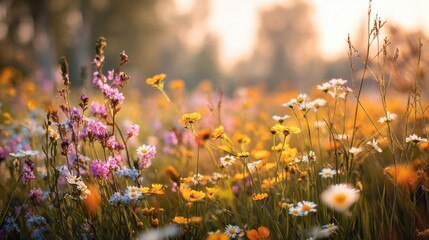 A colorful mix of wildflowers blooms in a lush meadow basking in warm morning sunlight. The scene captures nature's beauty and tranquility with diverse blooms swaying softly.