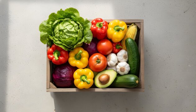 An assortment of vibrant, fresh vegetables including lettuce, peppers, and avocado in a wooden crate. - Powered by Adobe