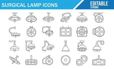 Fototapeta premium Surgical lamp outline icon set with editable stroke showing operating room lights, medical ceiling lamps and hospital illumination equipment for healthcare and clinical design