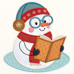 &ldquo;Snowman reading a book, felt applique effect, stitched glasses and scarf, warm cozy palette for kids apparel&rdquo;