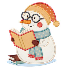 &ldquo;Snowman reading a book, felt applique effect, stitched glasses and scarf, warm cozy palette for kids apparel&rdquo;