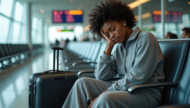 African woman sleeps with eyes closed in airport terminal seat. Tired traveler rests head on hand near luggage, waiting for flight. Exhausted person seeks comfort during layover.