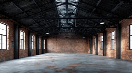 A large empty warehouse features exposed brick walls and tall windows. The space is well lit by natural light showcasing its industrial design and open layout.