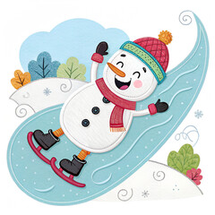&ldquo;Happy snowman sliding on ice, layered felt textures, embroidered sparkles, playful winter kids applique&rdquo;