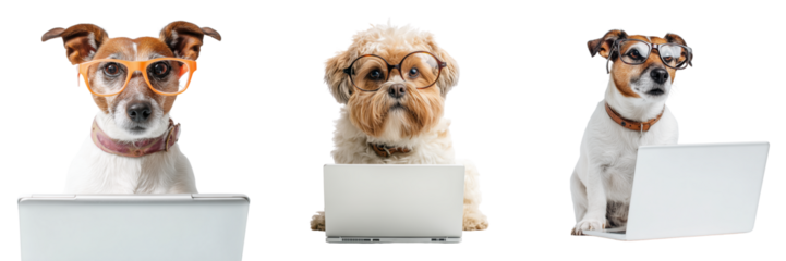 Set of Cute dog with oversized nerd glasses looking at a monitor on transparent png background. Ai generated