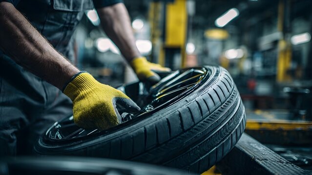 Skilled Hands of a Mechanic Working on a Car Tire in a Professional Auto Service Workshop