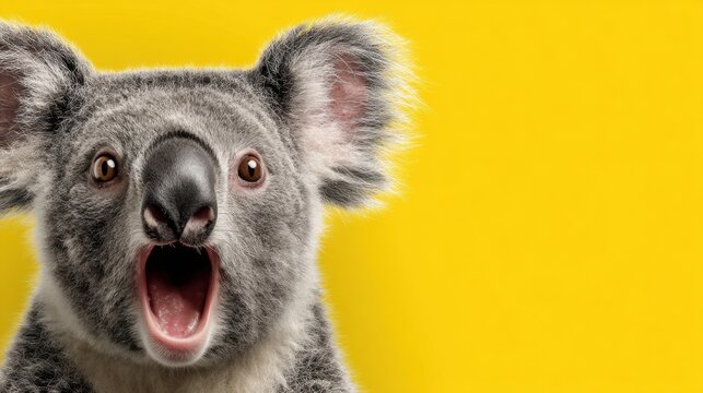 A koala displays a shocked expression while looking directly at the viewer. The bright yellow background enhances the surprise of the animal creating a lively scene.