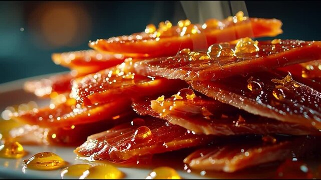 Slices of delicious cured meat drizzled with honey, presented on a white plate in a close-up, appetizing shot
