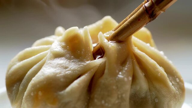 Extreme macro of a hot dumpling top with sharp pleated dough texture and tiny steam beads on the surface. A chopstick presses gently as juices glisten at the seam and warm steam drifts upward.