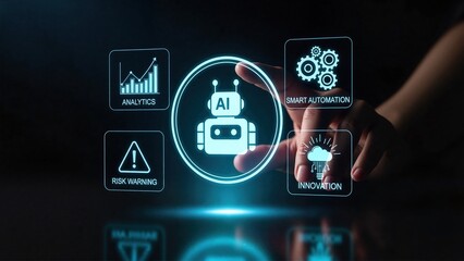 AI agent hologram with four panels and central circle showcasing analytics, smart automation, risk warning, and innovation