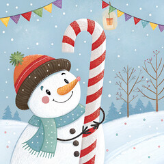 &ldquo;Snowman peeking from behind a candy cane pole, patchwork textures, fun stitched details, child-friendly illustration&rdquo;
