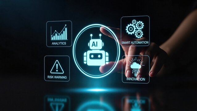 AI agent hologram with four panels and central circle showcasing analytics, smart automation, risk warning, and innovation
