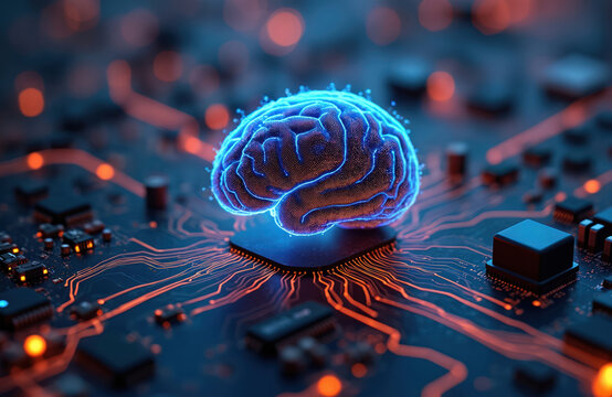 Digital brain glows blue on dark circuit board. Bright orange light traces show data flow, processing, connections. Represents artificial intelligence, machine learning, advanced computing. Neural
