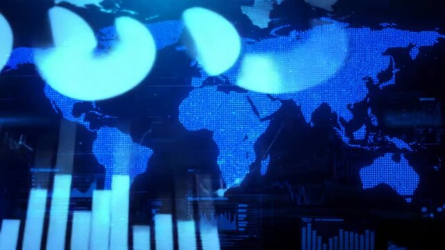 Blue digital world map with glowing data charts and a blurred circular light overlay global technology - Powered by Adobe