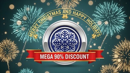 Teal backdrop boasts bursts of fireworks and festive text; a Christmas holiday sale/discount poster, promotional branding, or festive advertising design.