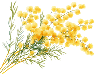 Delicate yellow mimosa flowers and feathery green leaves against a dark background