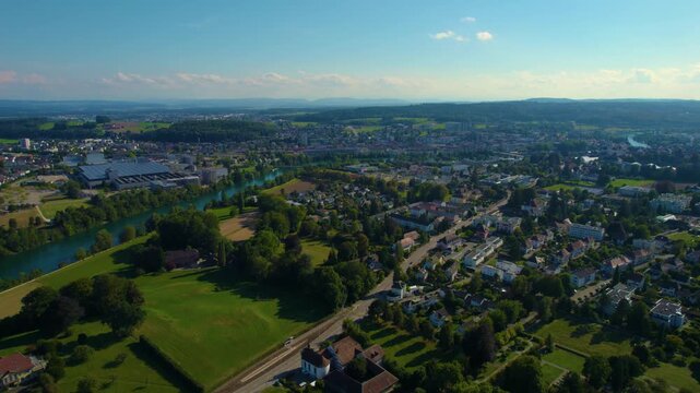 Aerial view beside the city and old town Solothurn in Switzerland on a sunny afternoon in summer.