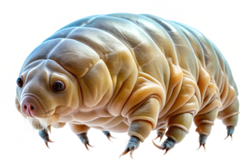 A detailed closeup of a tardigrade, also known as a water bear or moss piglet, showcasing its unique segmented body and eight legs, isolated on transparent background