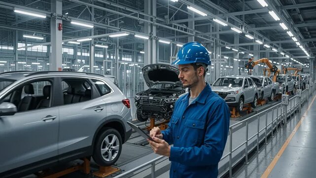 Automotive engineer monitoring car production line with digital tablet. Modern vehicle assembly plant with robotic automation. Panning camera movement.