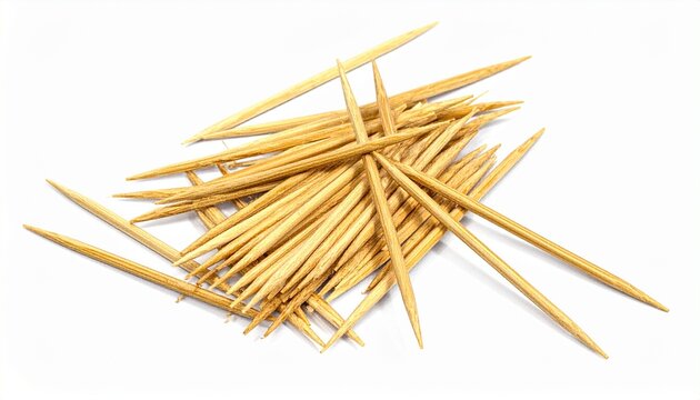 Scattered wooden toothpicks with pointed ends on white surface, random arrangement and natural texture.