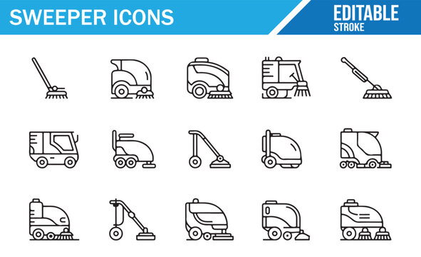 City street sweeper minimal line icon collection