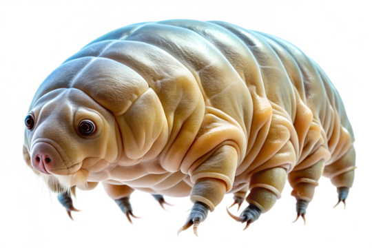 A detailed closeup of a tardigrade, also known as a water bear or moss piglet, showcasing its unique segmented body and eight legs, isolated on transparent background