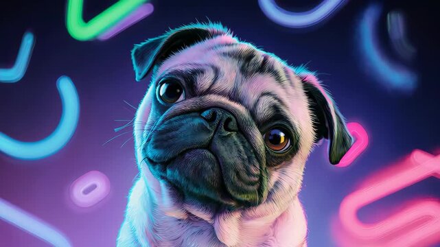 Pug Portrait: Neon Glow, Expressive Eyes, and Colorful Light Display