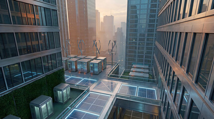 futuristic rooftop micro-grid with solar panels wind turbines and energy units